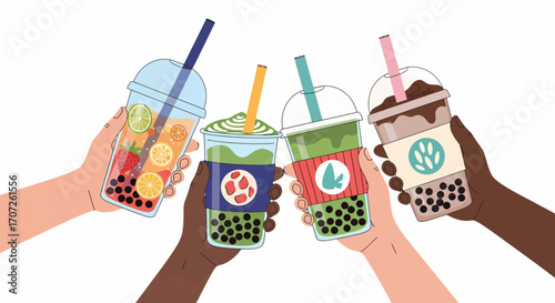 Diverse Hands Holding Colorful Bubble Tea Drinks with Fruit and Tapioca Pearls.