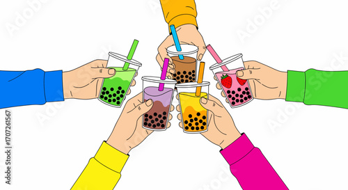 Diverse hands holding colorful bubble tea drinks in a celebratory toast.