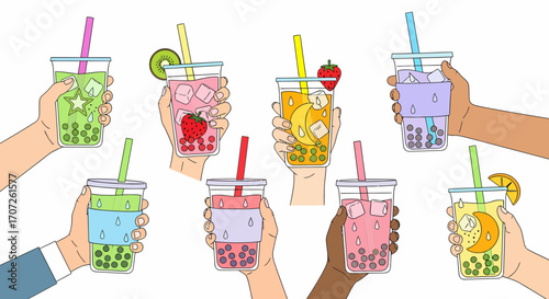 Diverse Hands Holding Colorful Bubble Tea Drinks with Fruit and Tapioca Pearls 1.