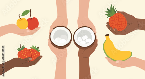 Diverse Hands Holding Various Fresh Fruits and Coconuts.