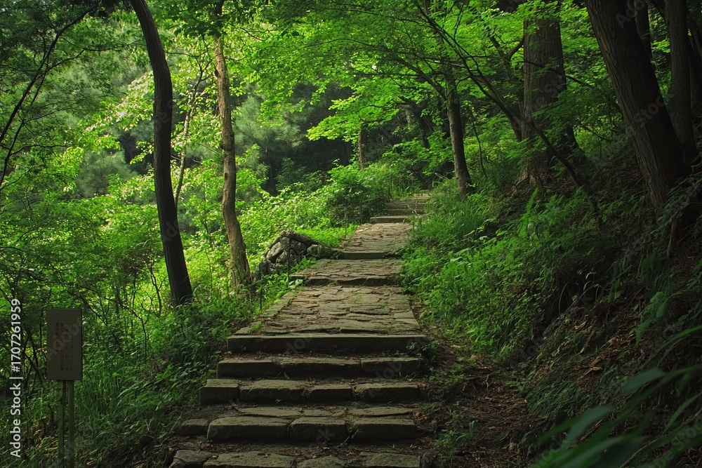 Obraz premium Stone path winding through lush green forest