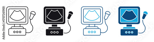 Ultrasonography icon set. USG monitor for pregnancy sonography device symbol. Medical equipment for health diagnostic. Modern vector illustration for laboratory service.
