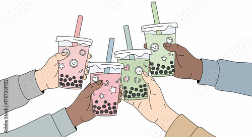 Diverse Hands Toasting Colorful Bubble Tea Drinks with Tapioca Pearls.
