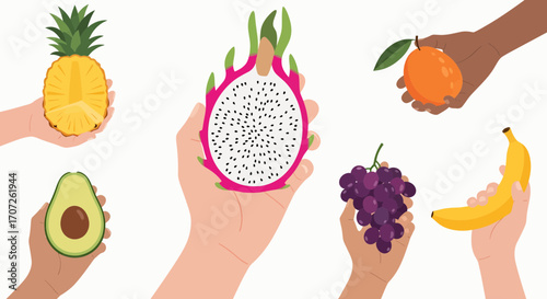 Hands Holding Assorted Fresh Fruits Pineapple Dragon Fruit Orange Grapes Banana Avocado.