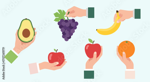 Hands Holding Assorted Fruits Avocado Grapes Banana Apple and Orange.