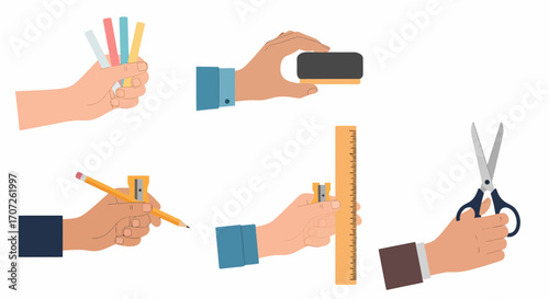 Hands Holding Assorted Stationery Items Crayons Eraser Pencil Sharpener Ruler Scissors.