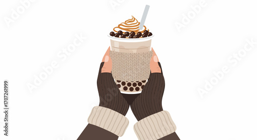 Hands Holding Boba Tea with Whipped Cream.