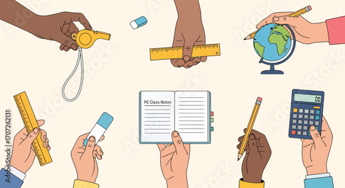 Hands Holding School Supplies Whistle Ruler Globe Calculator and Notebook.