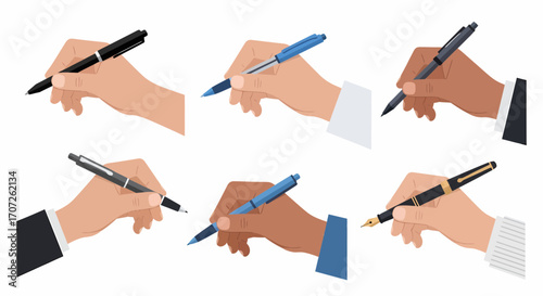 Hands Holding Pens Writing Various Colors and Styles.