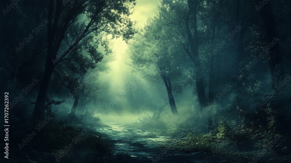 Obraz premium Mystical forest path, shrouded in mist