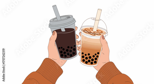 Two Hands Holding Bubble Tea Drinks.