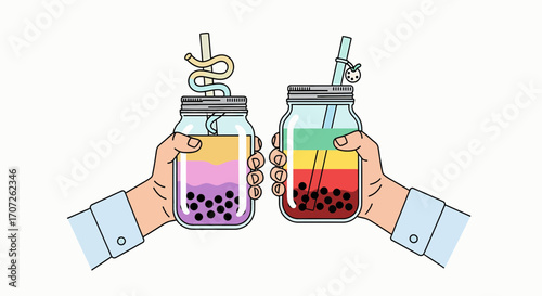 Two hands making a toast with colorful layered bubble tea in glass mason jars.