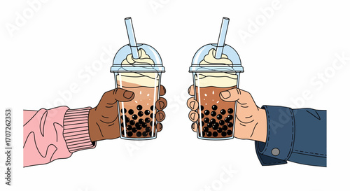 Two Hands Toasting with Boba Tea Drinks Whipped Cream Topping.