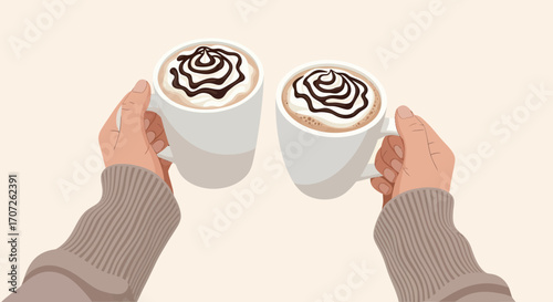 Two Hands Holding Latte Art Coffee Cups.