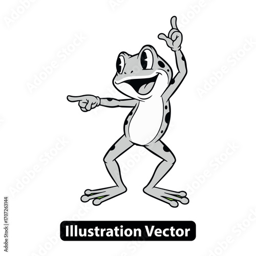 Joyful cartoon frog character pointing fingers, isolated black and white vector graphic