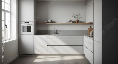 A modern, minimalist white kitchen with clean lines and natural light streaming in from a large window.