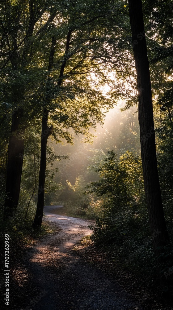 Obraz premium Sunbeams filtering through a misty forest path