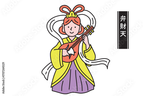 かわいい七福神の線画ベクターイラスト　弁財天