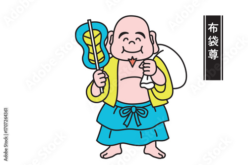 かわいい七福神の線画ベクターイラスト　布袋尊