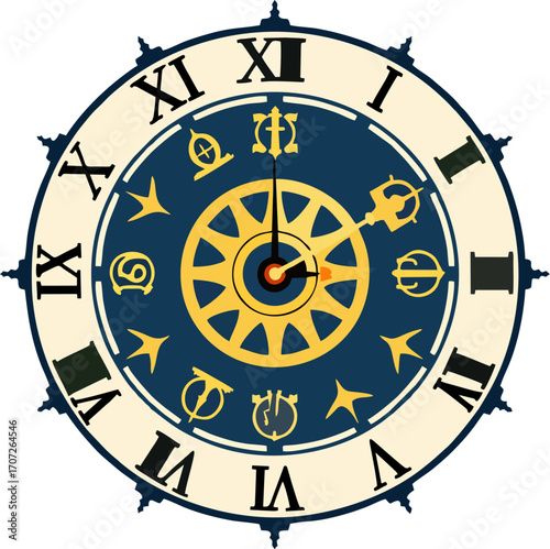 Prague Astronomical Clock Face Vector – Roman Numerals Historic Gold and Blue Dial Illustration