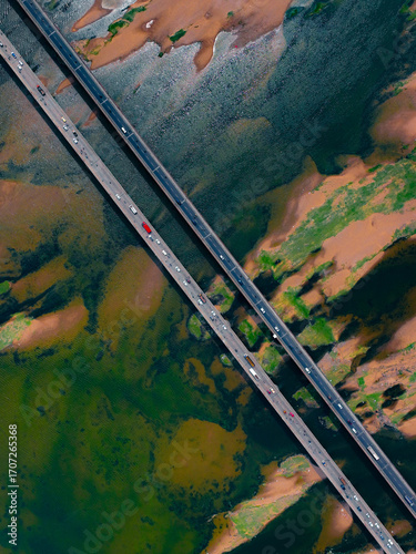 Aerial Drone View of Krishna River Bridge in Vijayawada, Andhra Pradesh, India