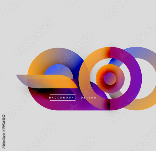 Abstract colorful overlapping circles create dynamic visual. Gradient shades blend, forming modern design element. Minimal text present.