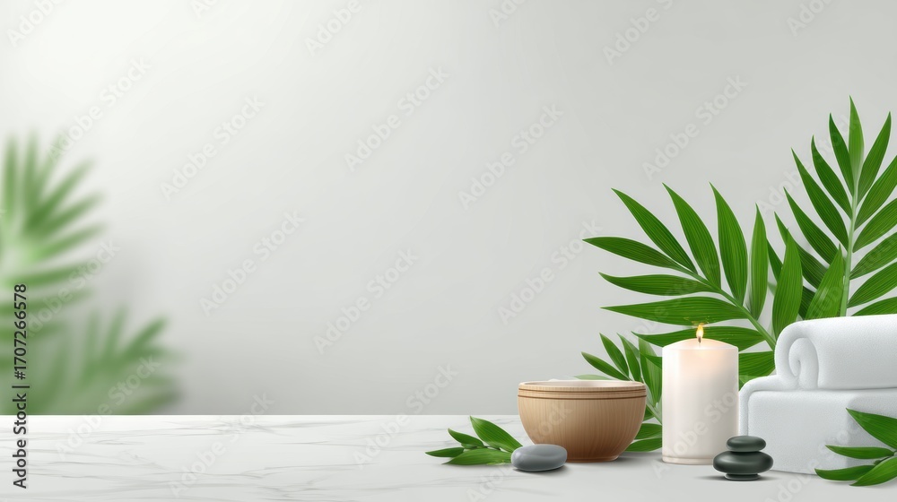 Fototapeta premium Serene spa setting with candles, stones, and greenery, promoting relaxation and wellness