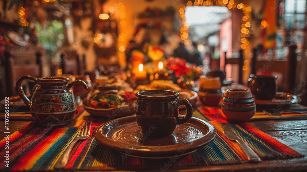 Traditional Mexican table with colorful textiles and ceramics, celebrating rich cultural heritage in a cozy setting. Traditional Mexican table with colorful textiles and ceramics, celebrating rich cultural heritage in a cozy setting.