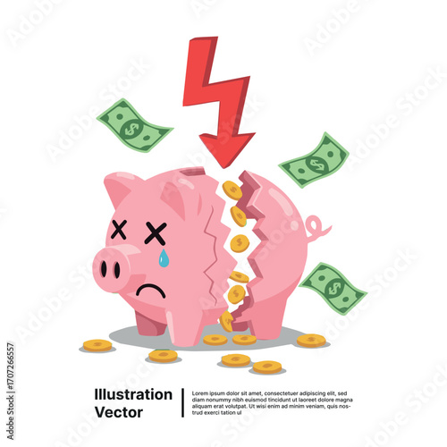 Financial crisis illustration of a broken piggy bank with money falling out and a lightning bolt striking it