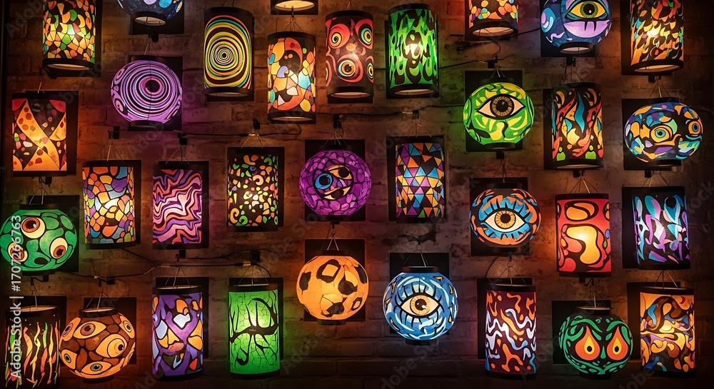 Fototapeta premium Collection of colorful decorative lanterns hanging on a brick wall at night time
