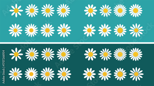 Camomile icon set. White daisy chamomile. Cute round flower plant collection. Growing concept. Love card symbol. Flat design. Green background. Isolated.