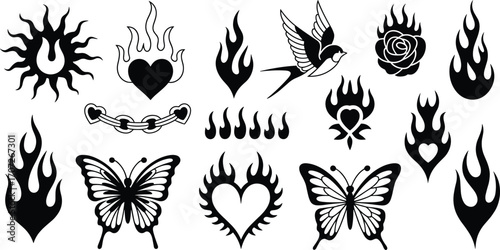 Flame tattoo set, black tribal designs with heart, butterfly, fire, bird, and rose symbols, ideal for vector tattoo art and print.Flame 