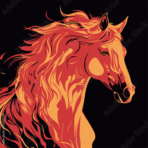 illustration, horse, vector, wild, symbol, silhouette, background, red, art, stallion, farm, animal, drawing, design, mammal, speed, sport, freedom, isolated, equestrian, orange, nature, fire, head, 