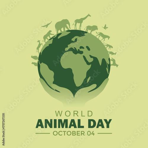 World Animal Day. Poster design for World Animal Day featuring a green Earth, animal silhouettes, and global awareness theme on October 4.