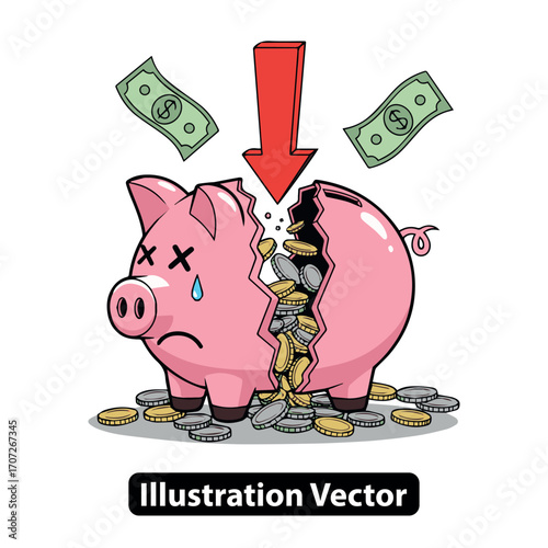 Broken piggy bank illustration depicting financial loss and monetary depletion