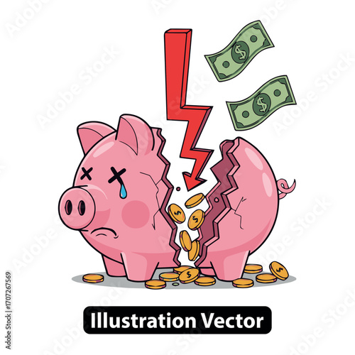 Illustration of a broken piggy bank with money spilling out, symbolizing financial loss and economic crisis