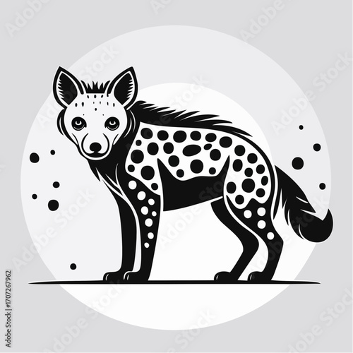 Minimalist vector illustration of a spotted hyena. Clean black and white graphic icon design