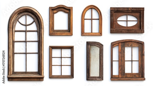 Old window frames in brown color. They have different shapes and are shown alone on a white background.
