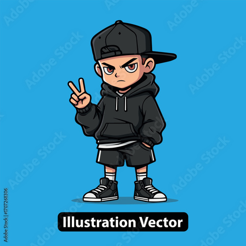 Cool cartoon boy in urban streetwear making a peace sign vector character illustration