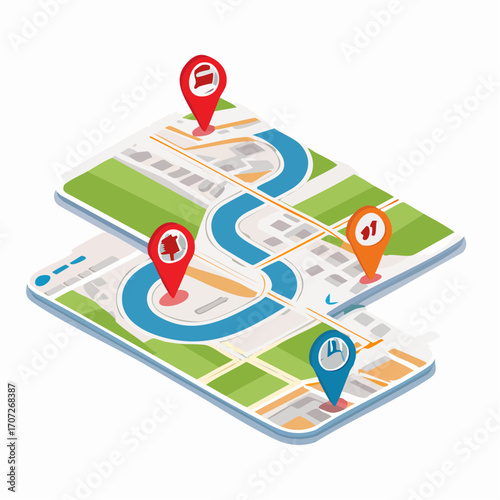 Isometric digital map showing a GPS navigation route with various location pins and destinations