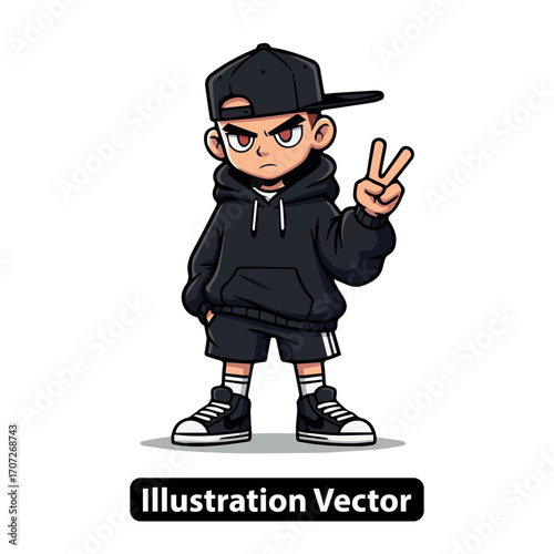 Cartoon character with an edgy look, sporting a peace sign and hip-hop attire