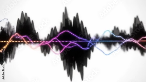 Visual representation of sound waves with colorful lines and black peaks.
