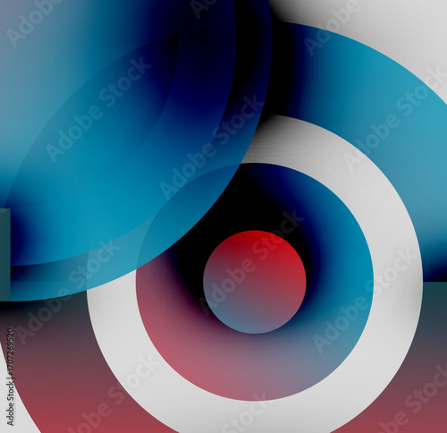 Abstract composition. Concentric circles, vibrant colors, overlapping shapes create dynamic visual effect. Modern design, smooth gradients.