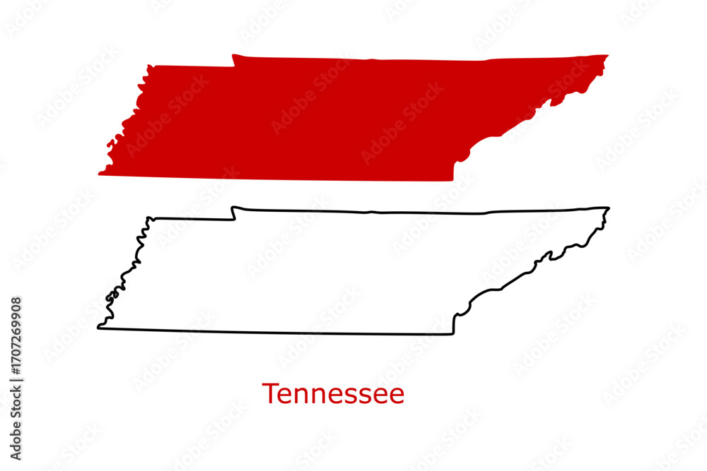 Fototapeta premium Tennessee map set. Tennessee USA map vector. Tennessee red and outline map on white background
