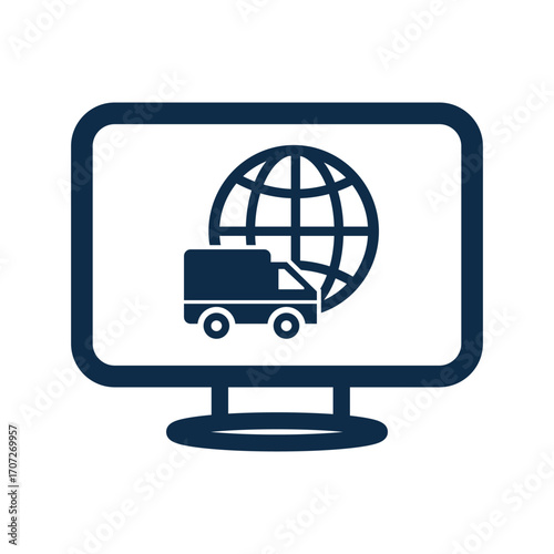 An icon showing a desktop computer monitor with a delivery truck and a globe on the screen. This graphic symbolizes logistics data entry