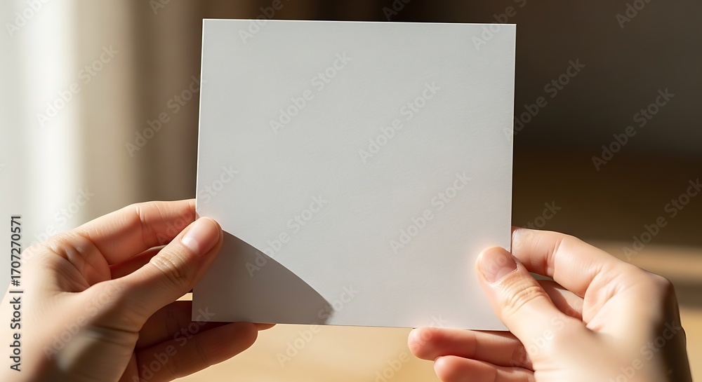Obraz premium Blank white card presentation by hands on blurred warm background