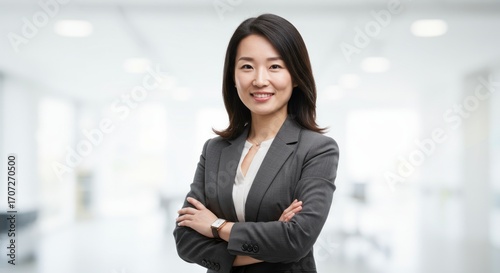 A woman in a gray suit stands with her arms crossed in an office