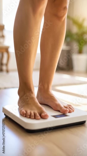 Woman standing barefoot on digital bathroom scales in home environment to monitor weight and health progress, healthy lifestyle and wellbeing concept
