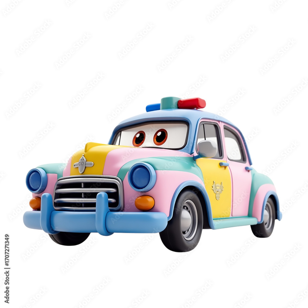 Fototapeta premium Whimsical painted vintage police car toy with fun colors and friendly cartoon eyes isolated on transparent background