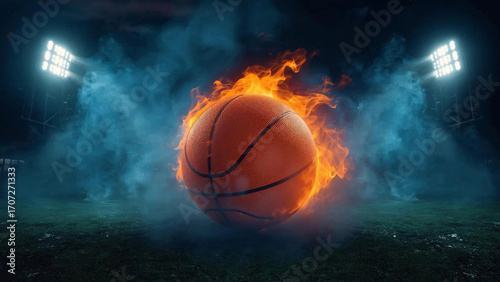 Realistic basketball in foreground with Stadium Background